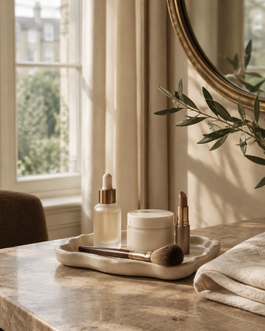A quiet beauty ritual: skincare and makeup on a sunlit London-style vanity