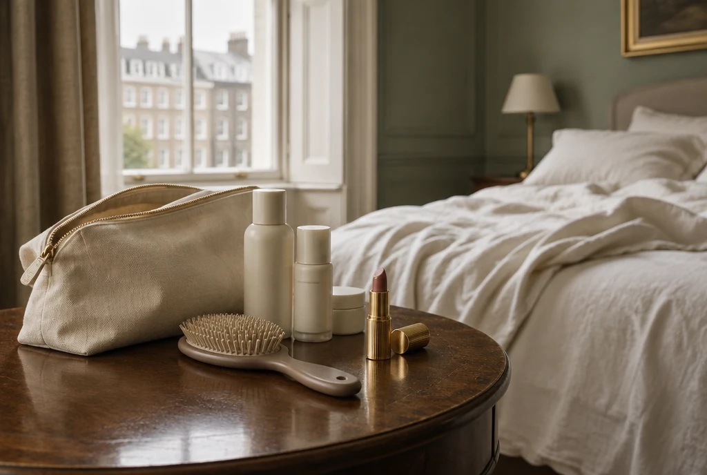 Beauty essentials and a travel bag beside a softly made hotel bed